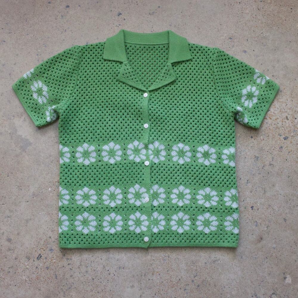 Cottagecore Daisy Knit Cardigan Green Floral Knit Button Front Sweater Size S
